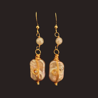 Pink Iridescent Baroque Pearl Wire-Wrapped Dangle Earrings