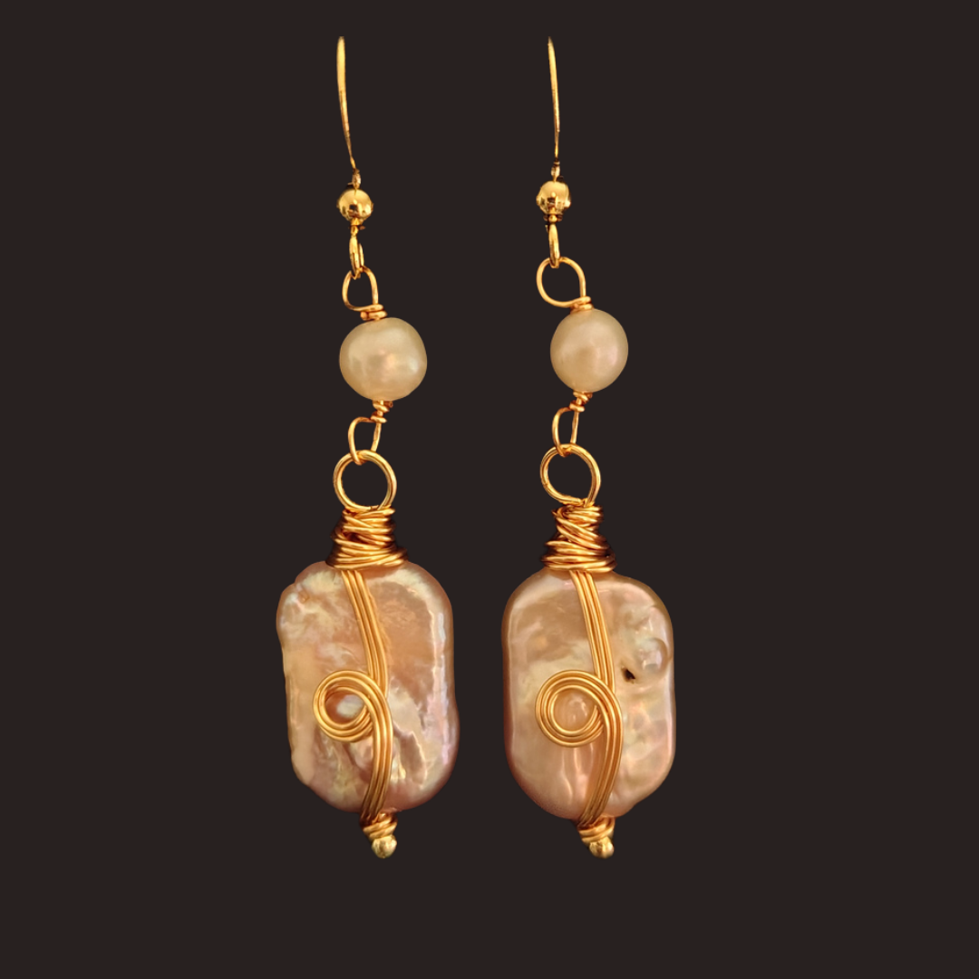 Pink Iridescent Baroque Pearl Wire-Wrapped Dangle Earrings