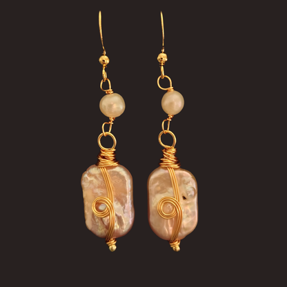 Pink Iridescent Baroque Pearl Wire-Wrapped Dangle Earrings