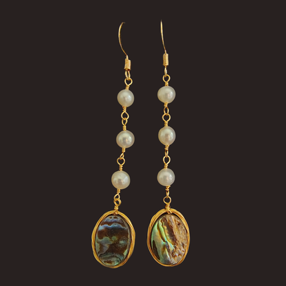 Abalone Shell &amp; Pearl Gold Wire-Wrapped Dangle Earrings