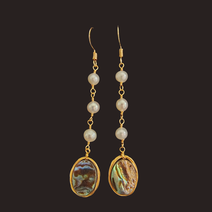 Abalone Shell &amp; Pearl Gold Wire-Wrapped Dangle Earrings