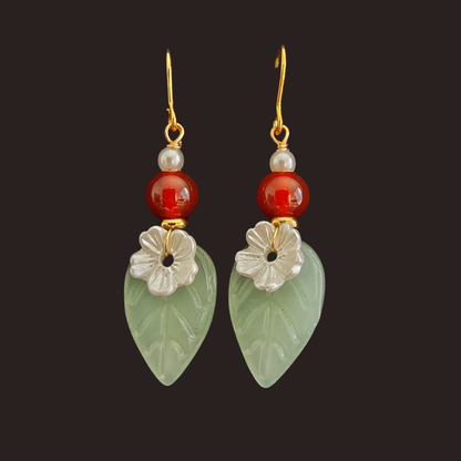 Green Agate Leaf &amp; Red Glass Flower Dangle Earrings