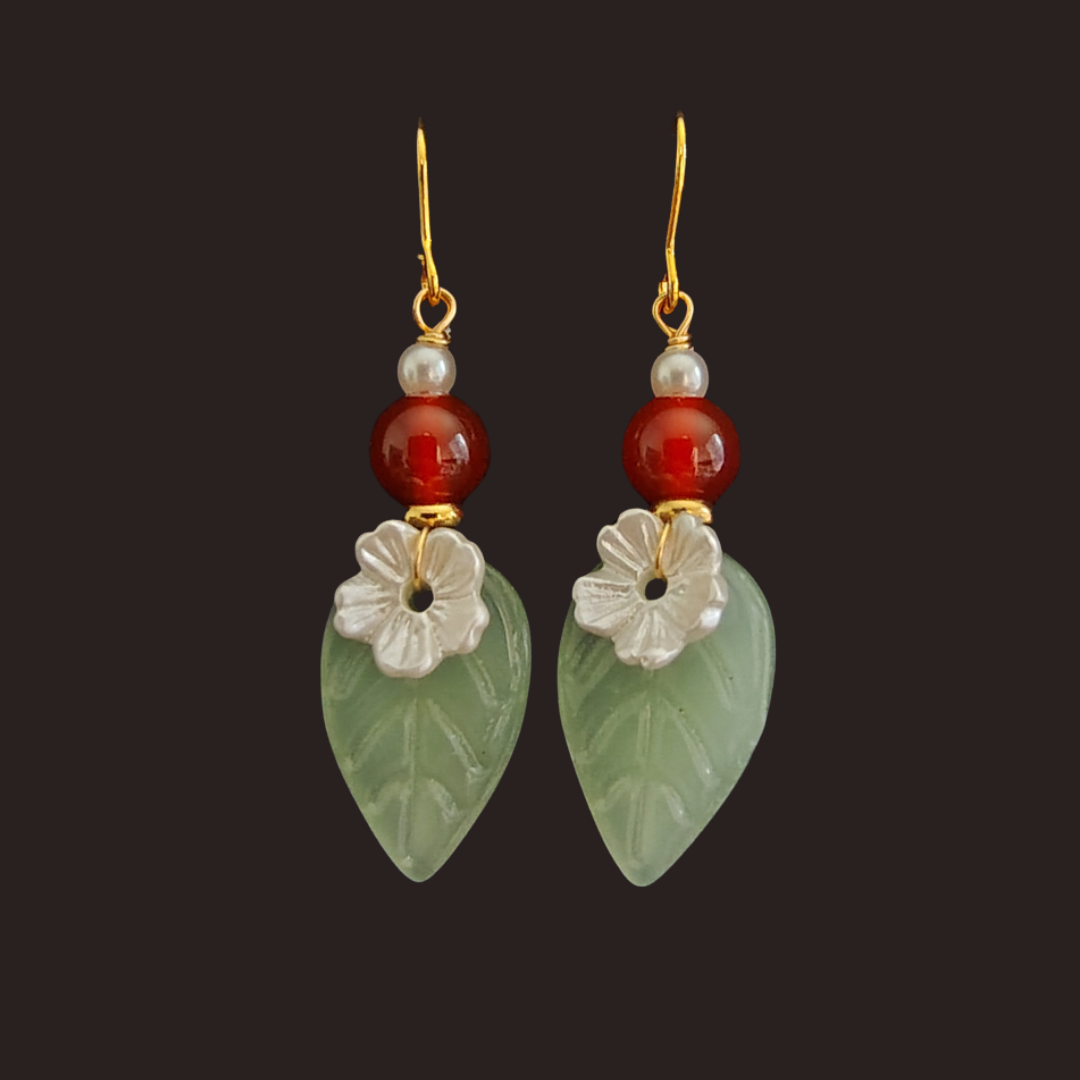 Green Agate Leaf &amp; Red Glass Flower Dangle Earrings