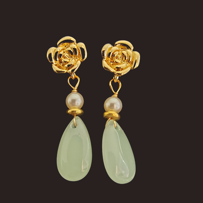 Gold Rose & Light Green Agate Dangle Earrings