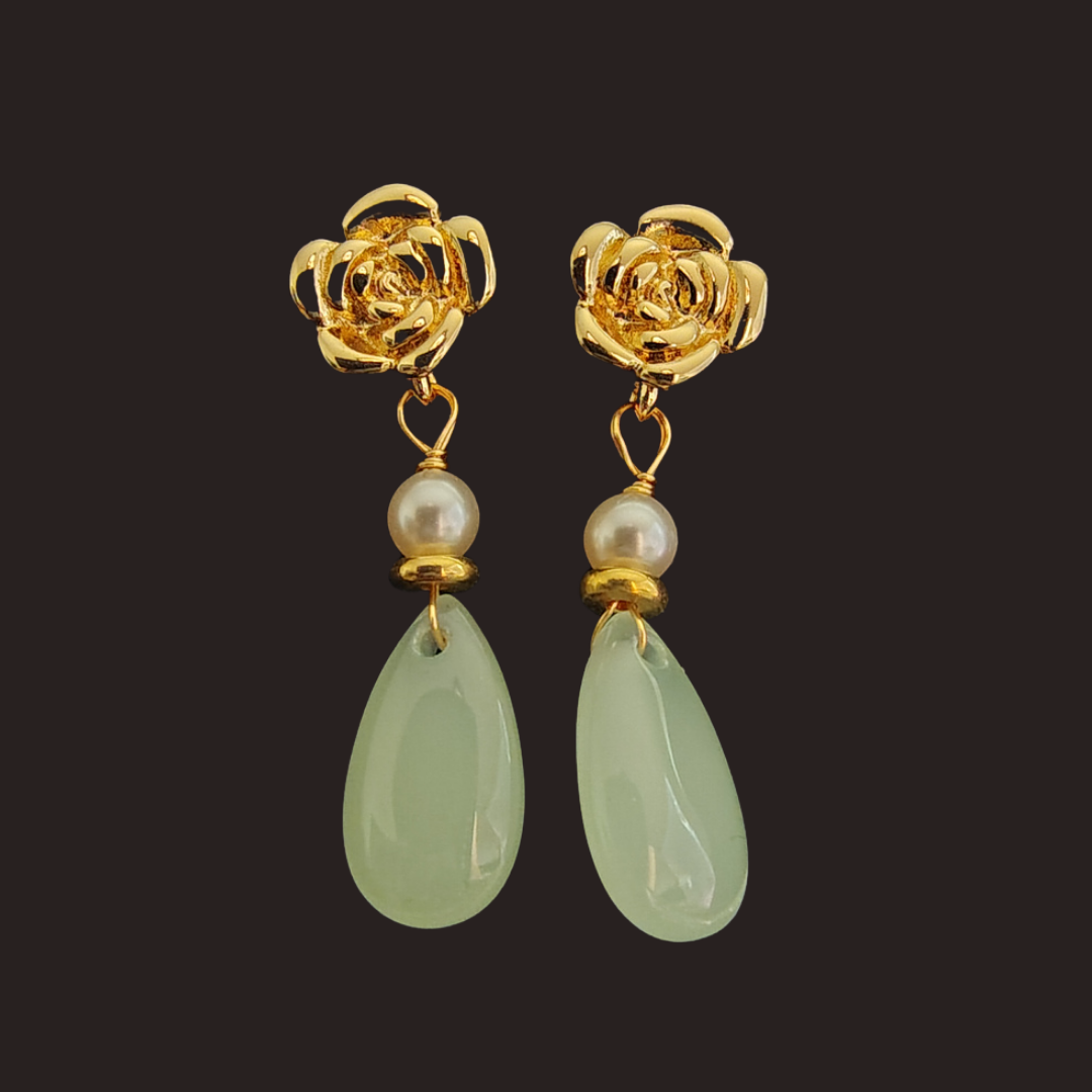 Gold Rose & Light Green Agate Dangle Earrings