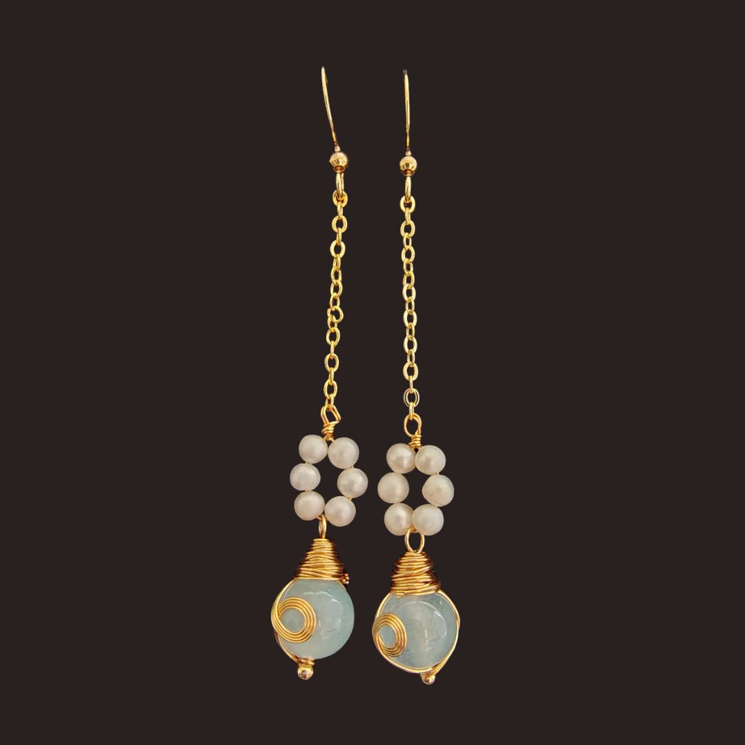 Light Blue chalcedony &amp; Freshwater Pearl Flower Chain Dangle Earrings