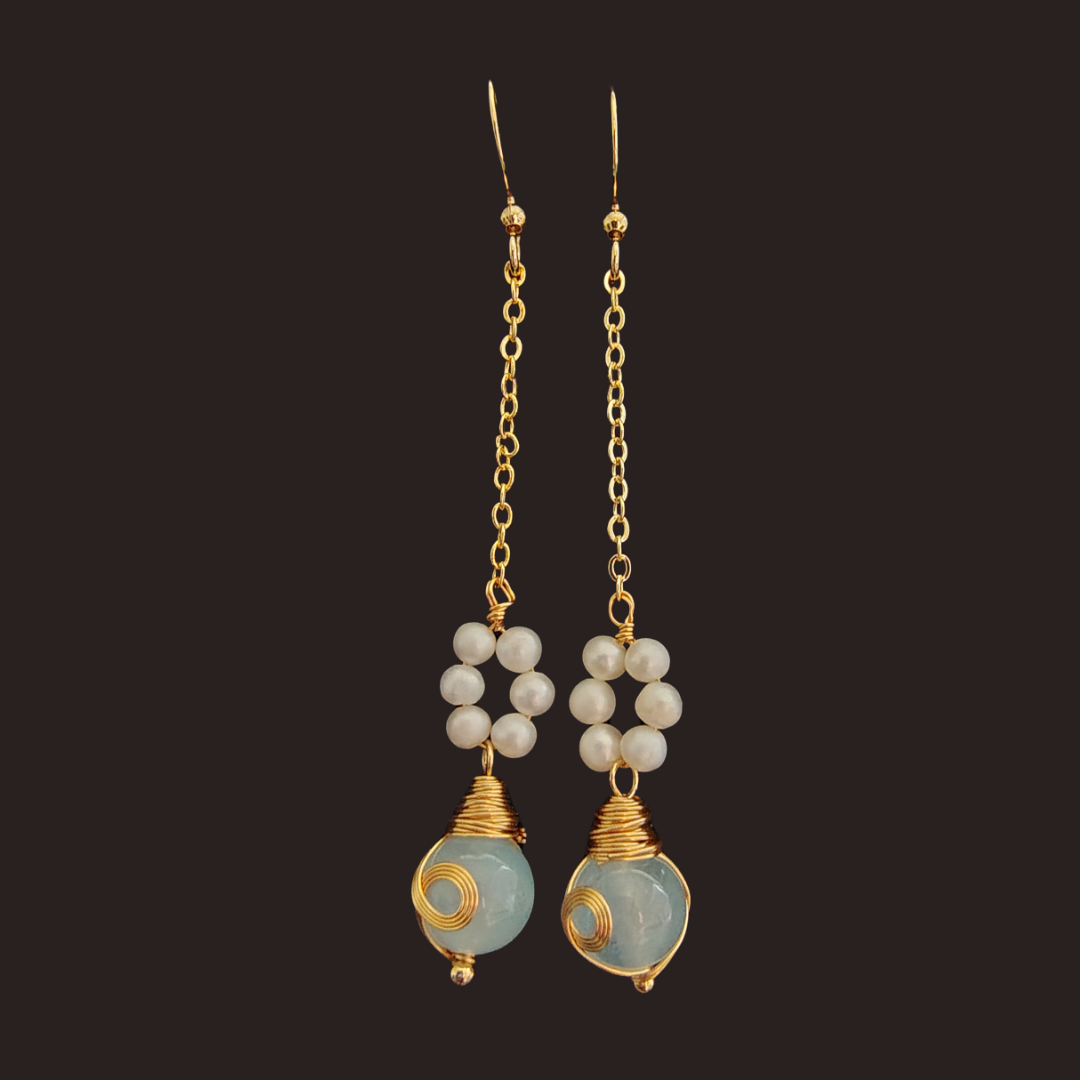 Light Blue chalcedony &amp; Freshwater Pearl Flower Chain Dangle Earrings
