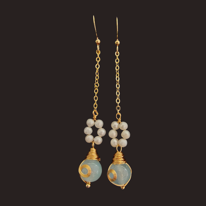 Light Blue chalcedony &amp; Freshwater Pearl Flower Chain Dangle Earrings