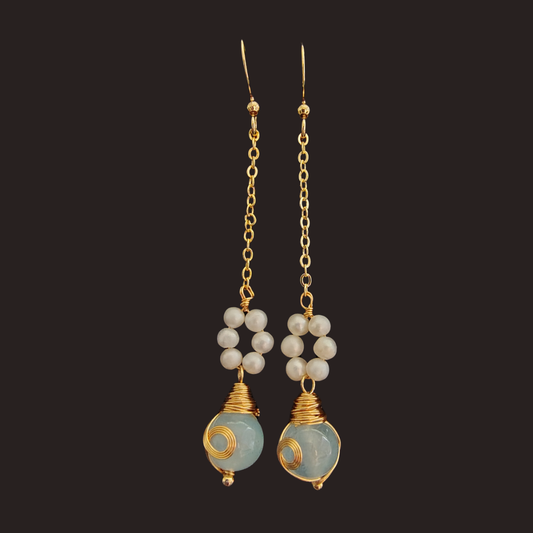 Light Blue chalcedony &amp; Freshwater Pearl Flower Chain Dangle Earrings