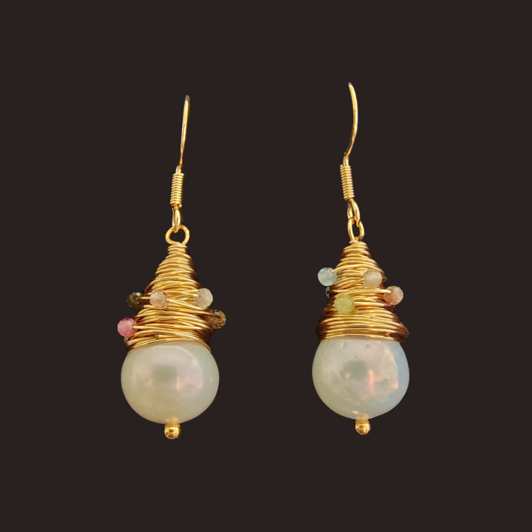 Freshwater Pearls Wire-Wrapped with Mini Candy Tourmaline Earrings