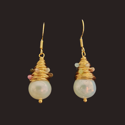 Freshwater Pearls Wire-Wrapped with Mini Candy Tourmaline Earrings