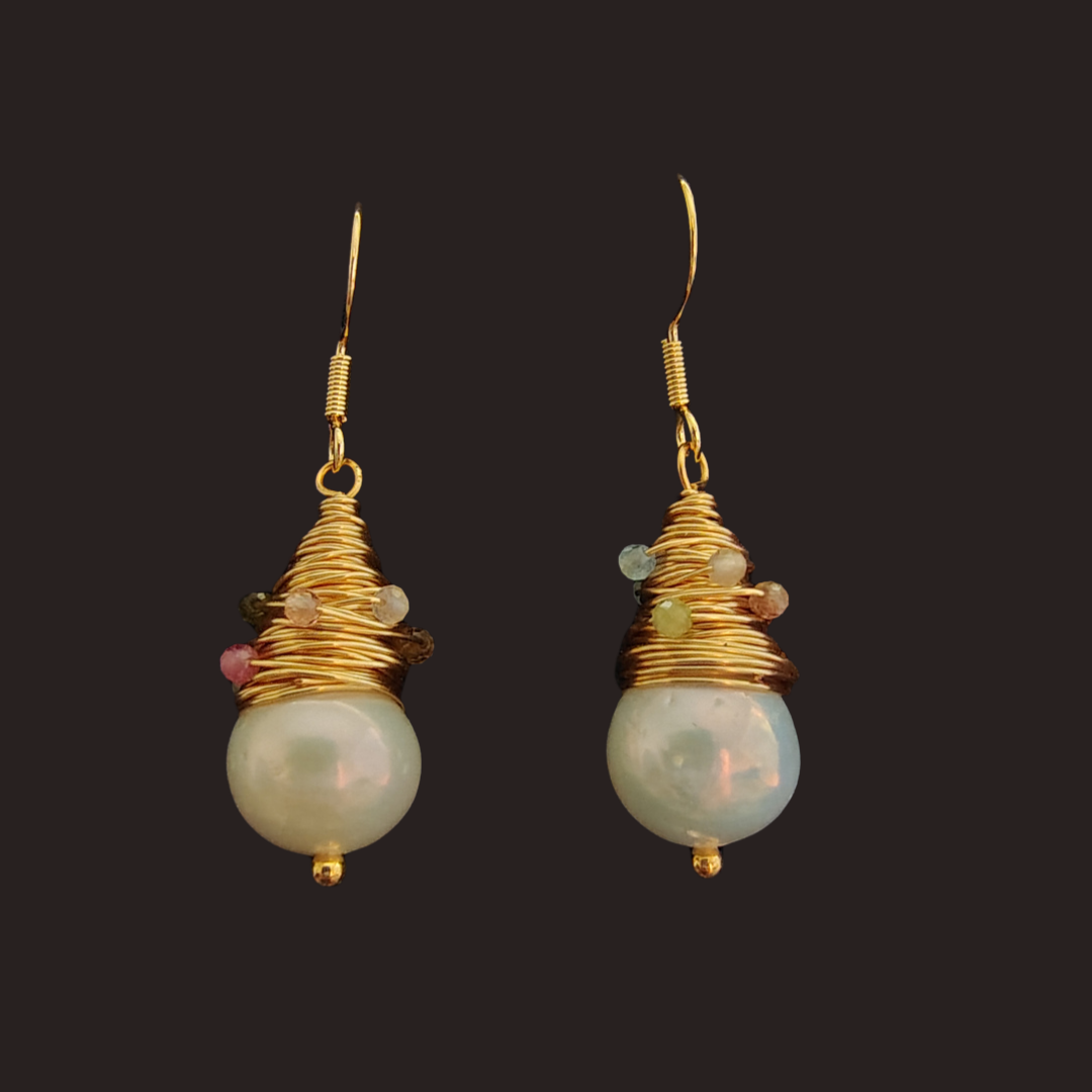 Freshwater Pearls Wire-Wrapped with Mini Candy Tourmaline Earrings