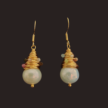 Freshwater Pearls Wire-Wrapped with Mini Candy Tourmaline Earrings