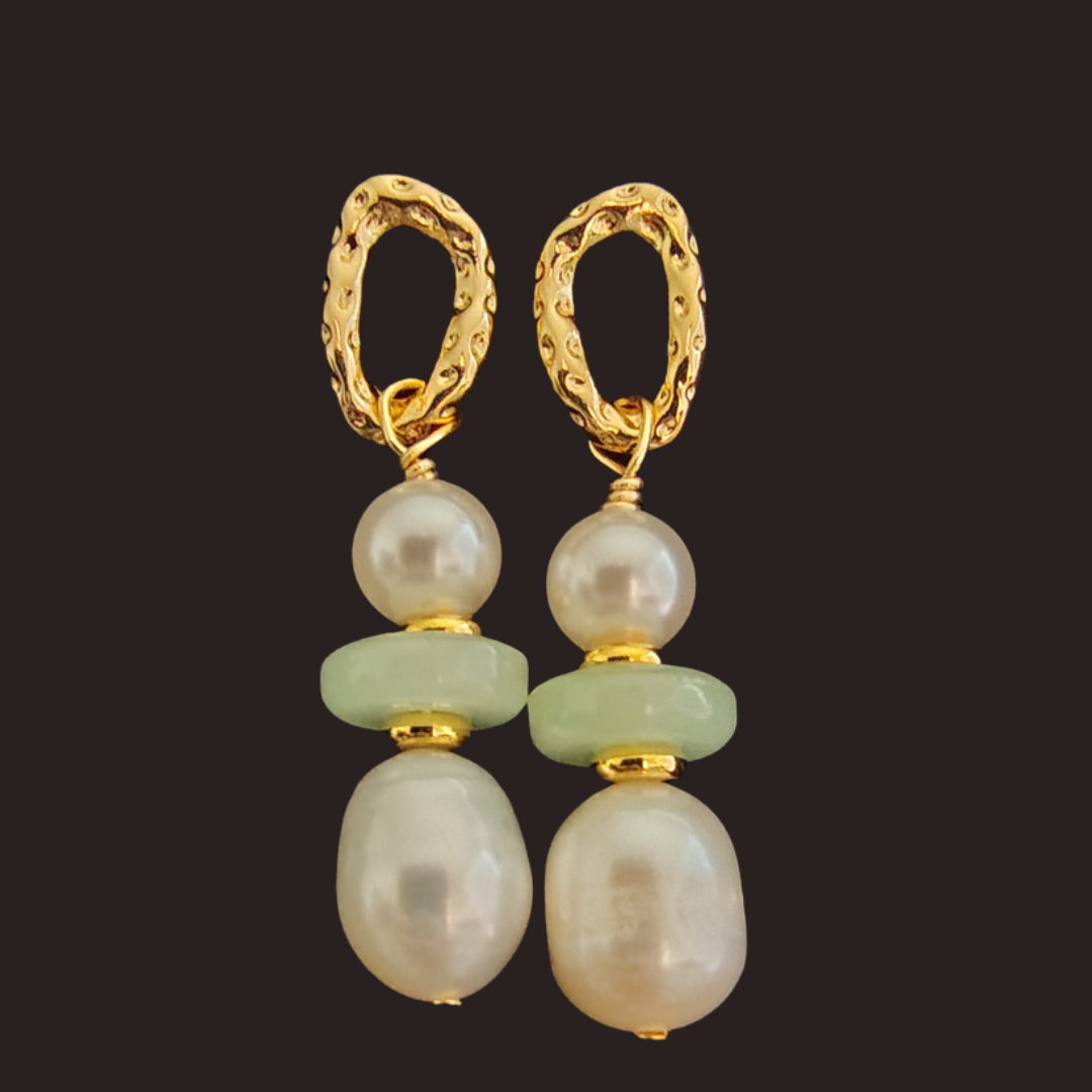 Gold Oval Hoop, Green Agate &amp; Baroque Pearl Dangle Earrings