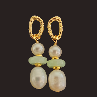 Gold Oval Hoop, Green Agate &amp; Baroque Pearl Dangle Earrings