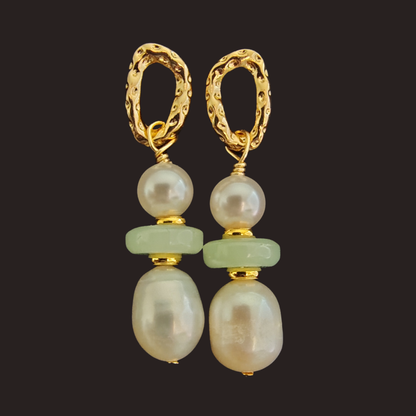 Gold Oval Hoop, Green Agate &amp; Baroque Pearl Dangle Earrings