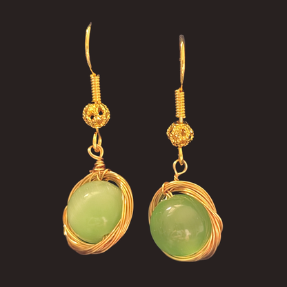 Green cat's eye Gold Nest Earrings