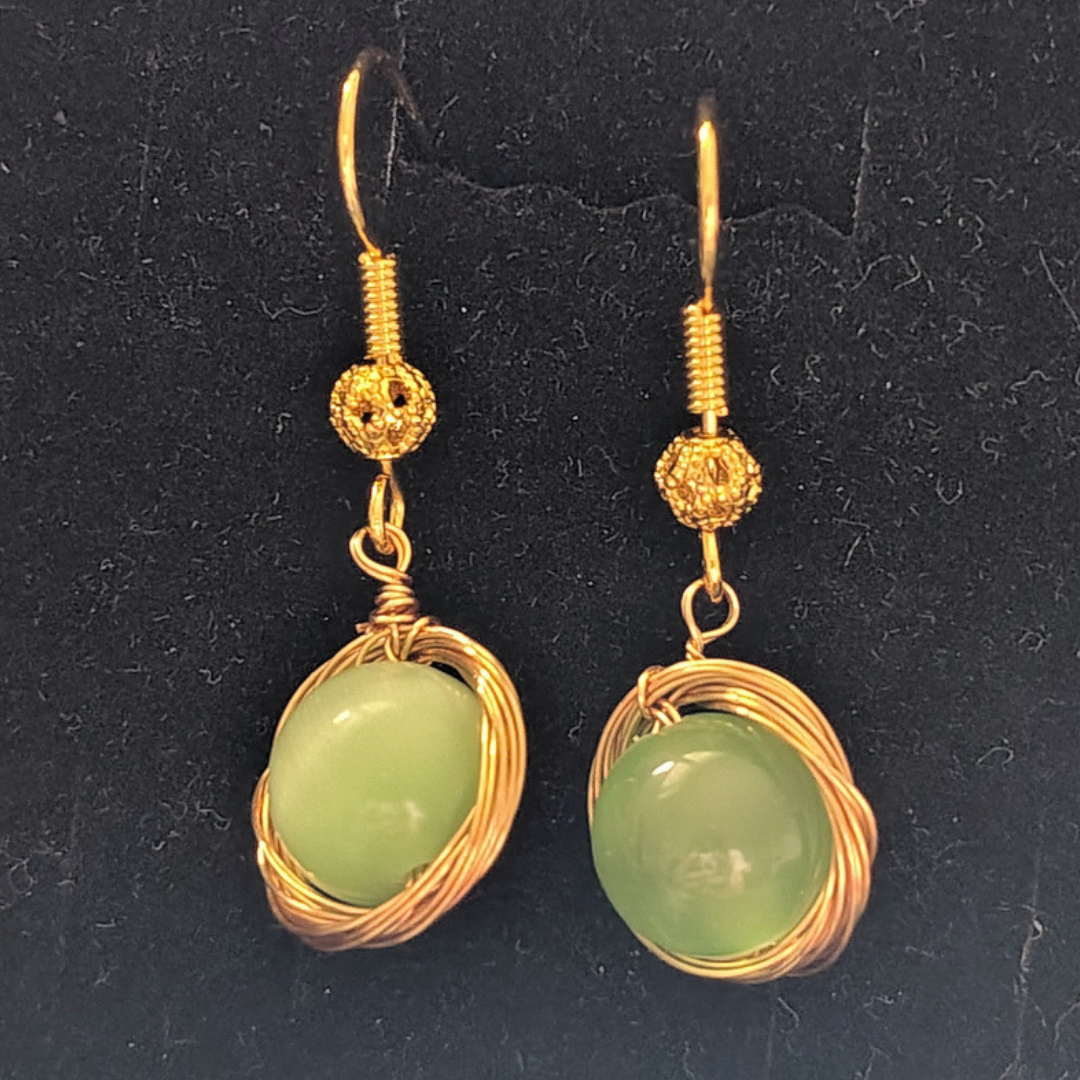 Green cat's eye Gold Nest Earrings